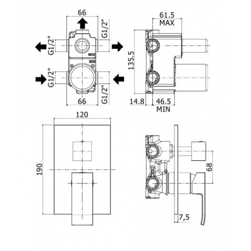 Смеситель скрытого монтажа 3-ех режимный Paffoni Elle EL019CR